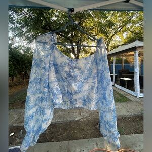 light blue floral puff long sleeve blouse